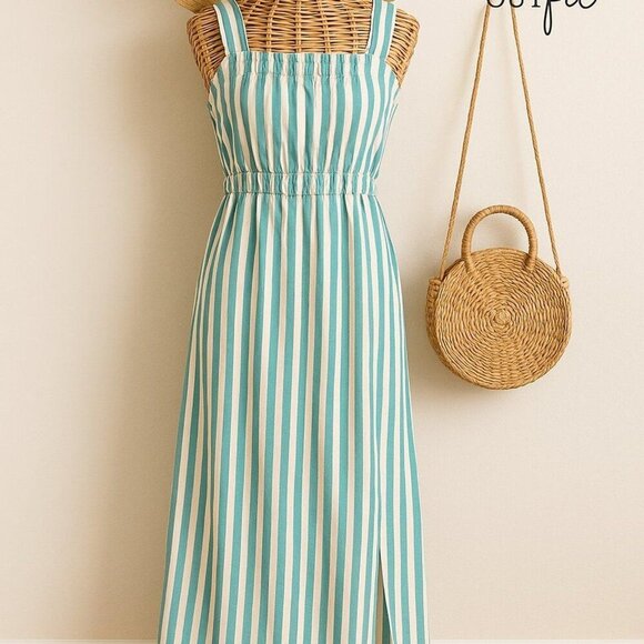 Green & White Striped Sleeveless Maxi Dress With Elastic Waist & Square Neckline - Picture 1 of 14